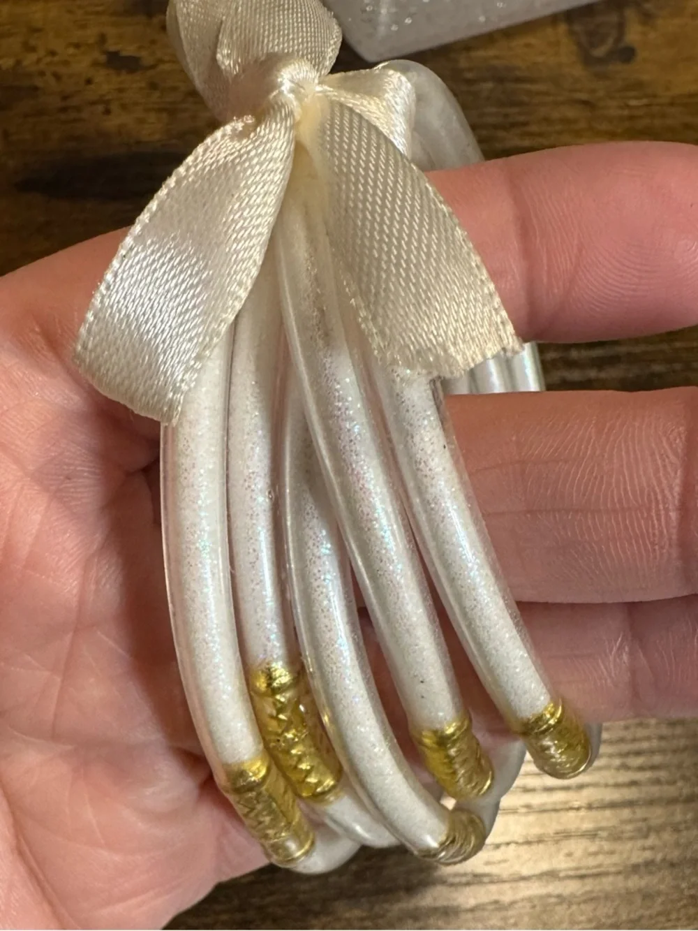 *Pearl White and Gold Wrapped Silicone Bangle Bracelet Set Bride to Be - Picture 2 of 3